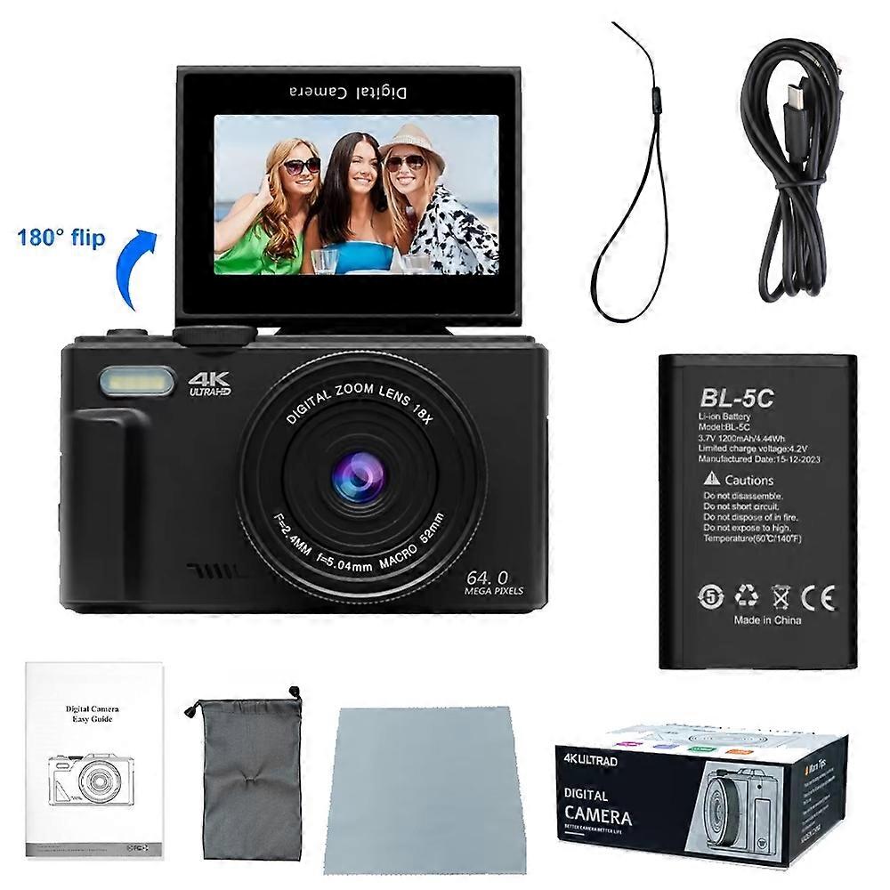 Ourlife AC600 Digital Camera 4K 64MP UHD Cameras 18X Digital Zoom 180�� Flip Screen Vintage Vlogging Camera for YouTube Autofocus