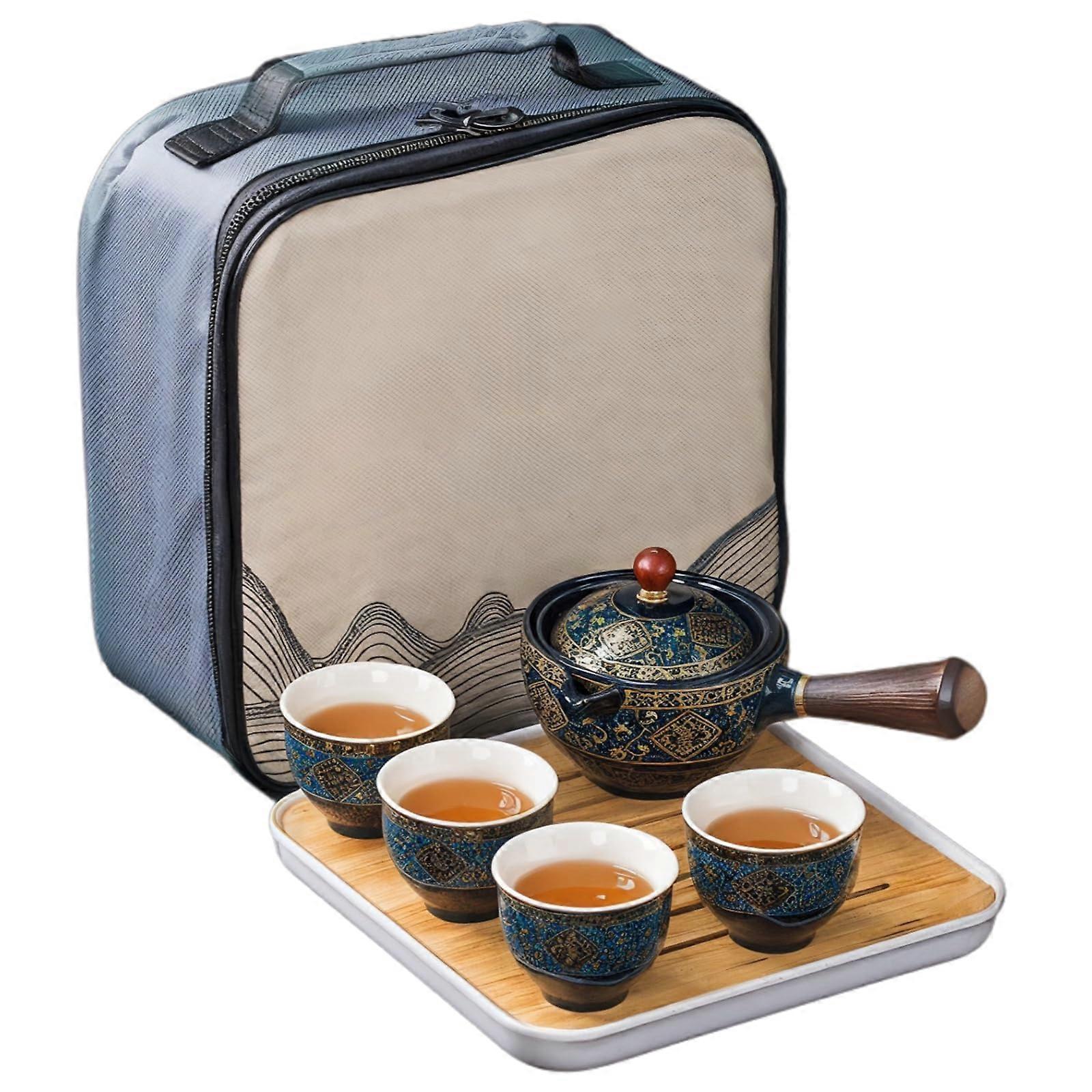 Gongfu Tea Set Ceramic Teapot with 360° Rotating Filter Wooden Handle 4 Cups Tray and Travel Case
