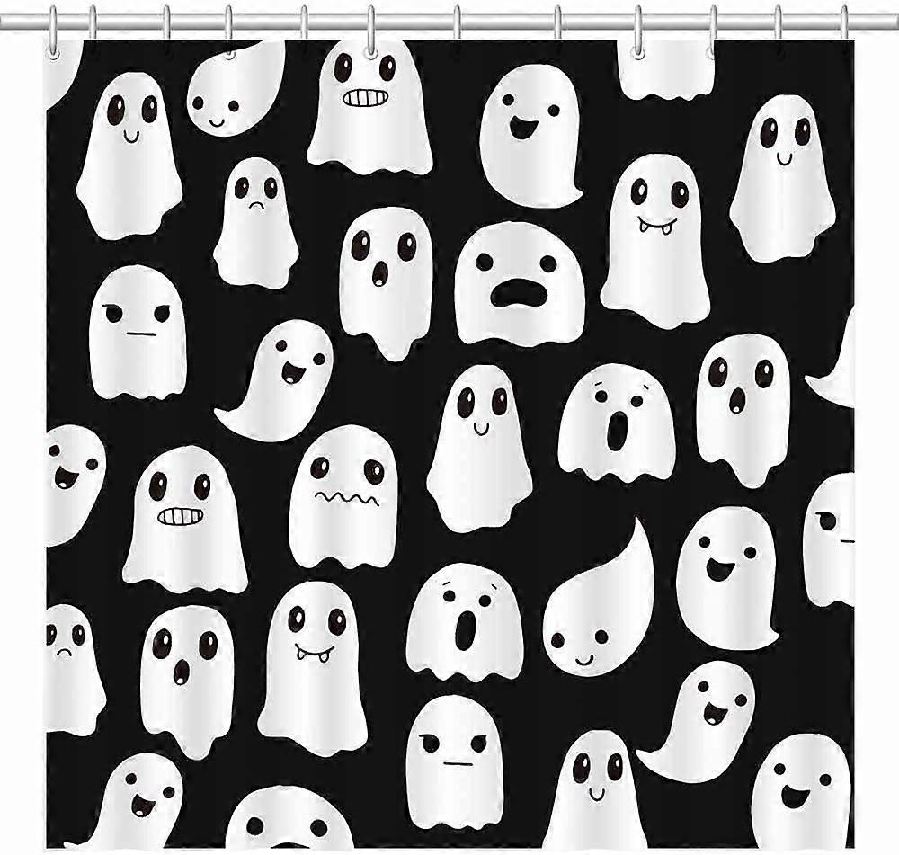 72x72 Halloween Ghost Shower Curtain Black and White Cartoon Design with Hooks Moisture Resistant