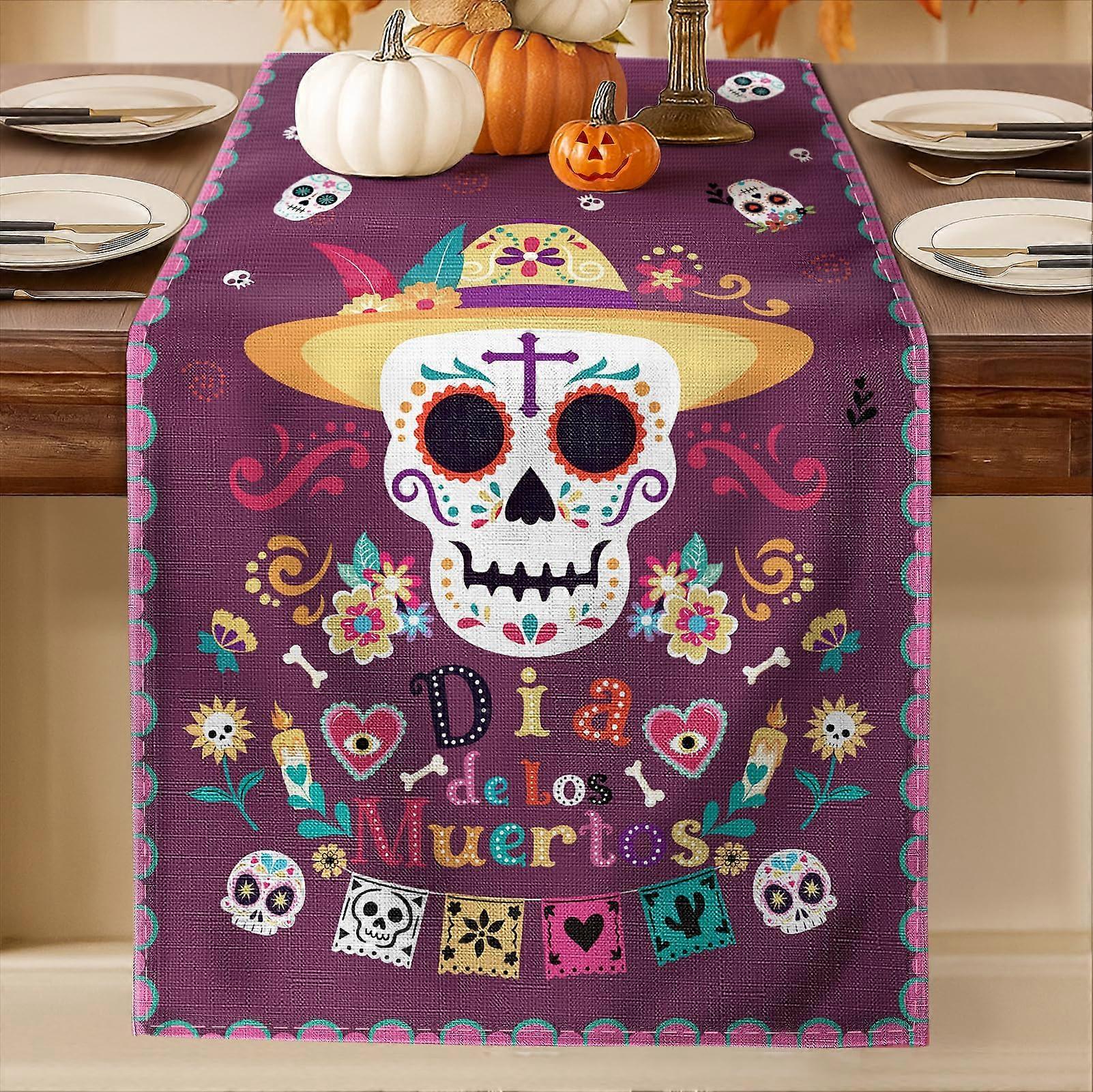 Día de los Muertos Table Runner 13x72 Authentic Mexican Sugar Skull for Altar and Party Decor