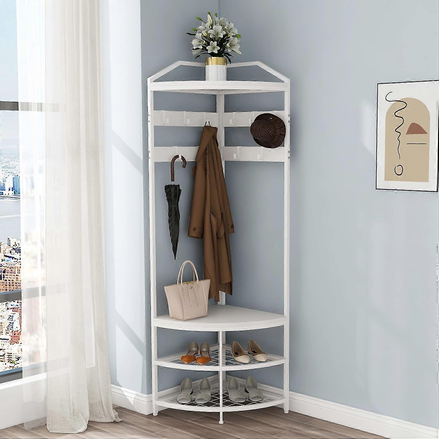 Corner Hall Tree with Shoe Bench and Shelves, Entryway Coat Rack with Hooks, SpaceSaving White