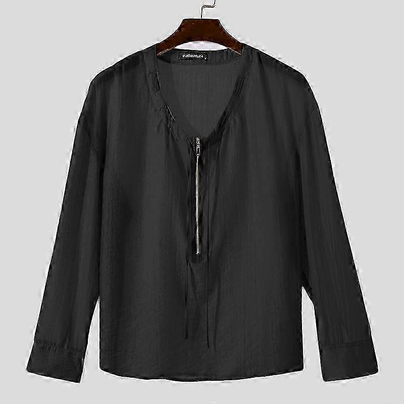 Men's Long Sleeve Shirt Solid Color Round Neck Casual Polyester  with Zipper