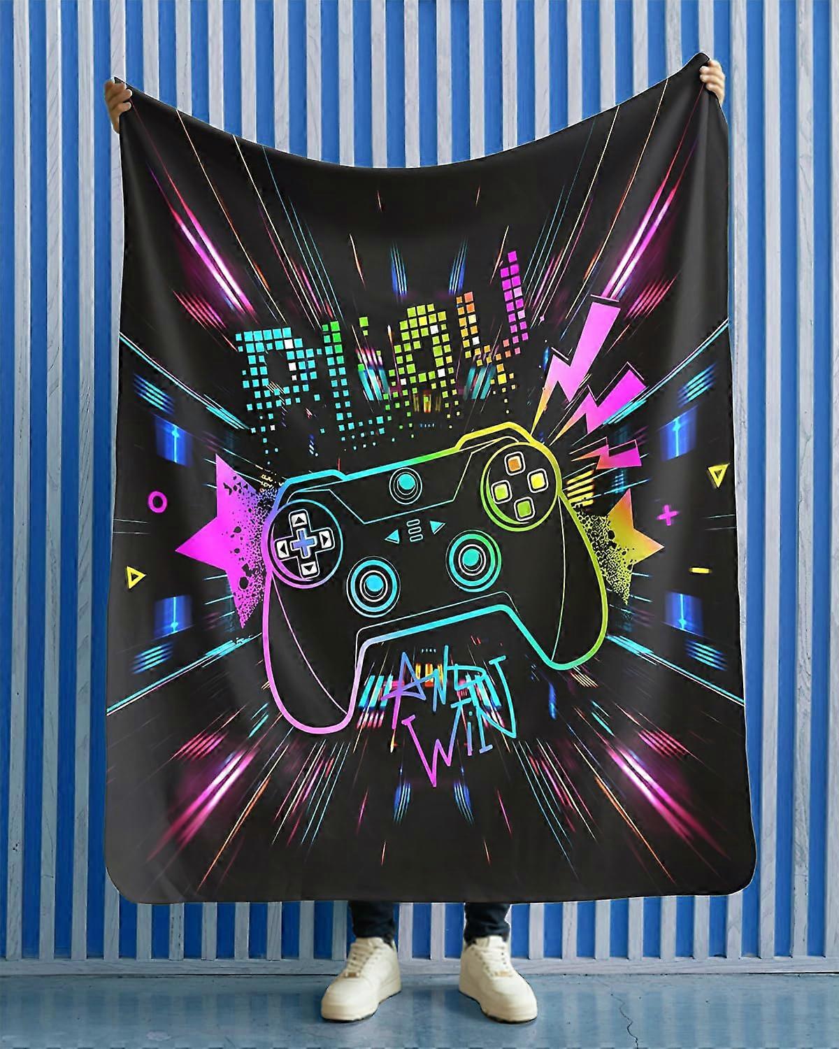 Gaming Blanket with Neon Game Controller Graphic, Soft Fleece Throw for Gamer Comfort and Warmth