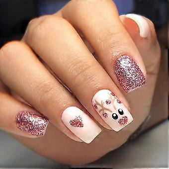 Christmas Press On Nails Short Square Acrylic Set Pink Glitter Elk Design Full Cover Festive Manicure