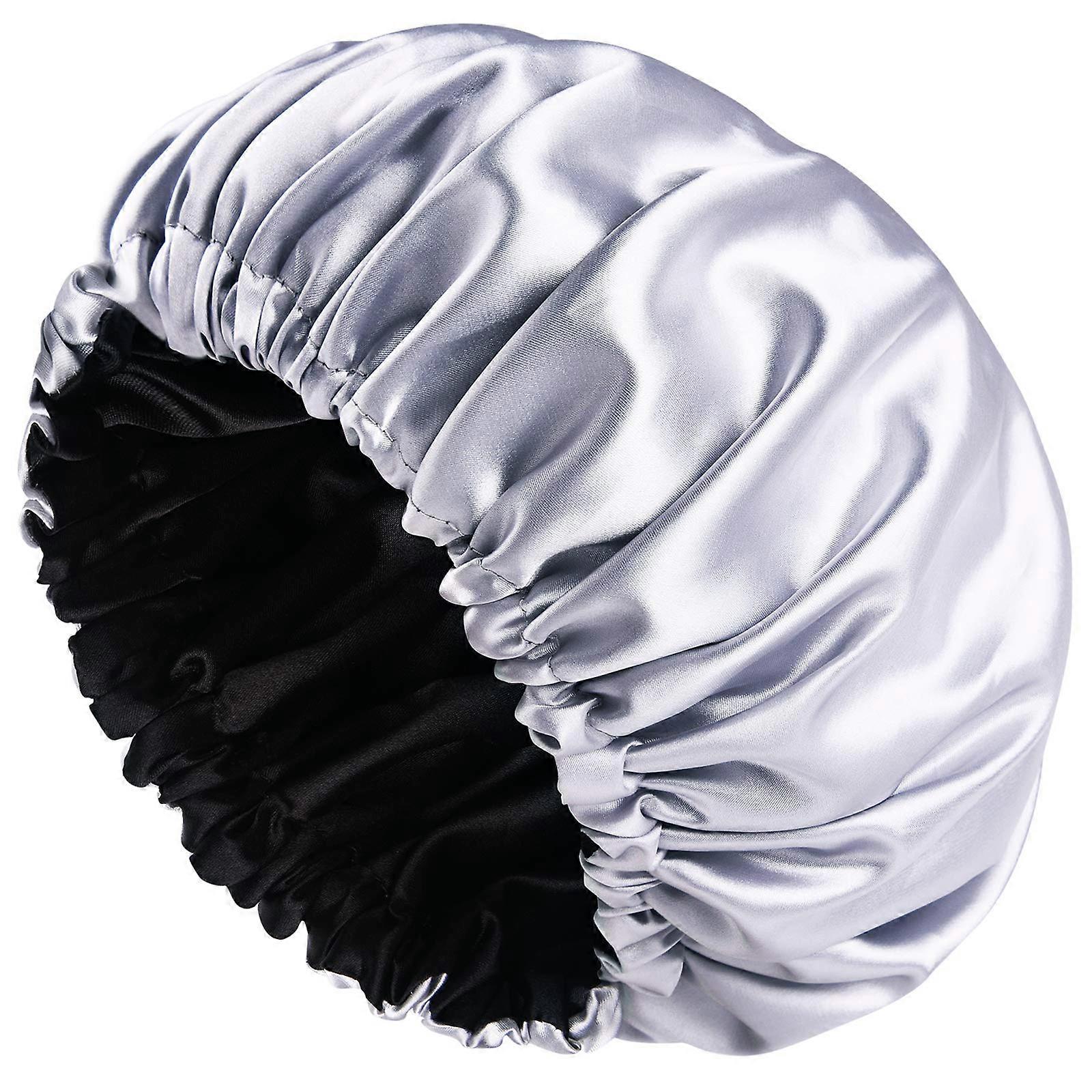 Extra Large Adjustable Double Layer Satin Sleep Cap for Night Hair Protection, Grey Bonnet
