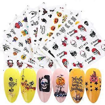 Halloween Nail Stickers Water Transfer Decals Autumn Fall Designs Ghost Witch Spider 24 Sheets