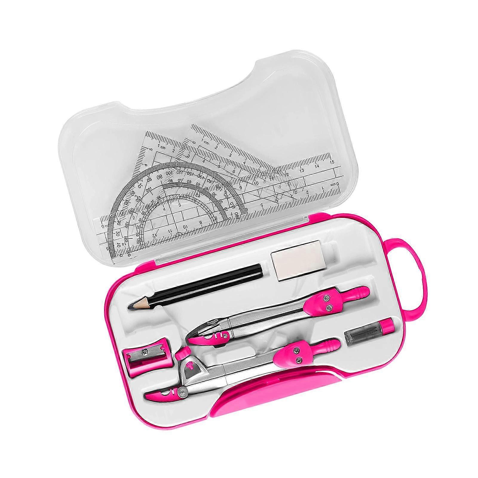 Math Geometry Kit Protractor Compass Set Ruler Pencil Sharpener Eraser Schooling Pink