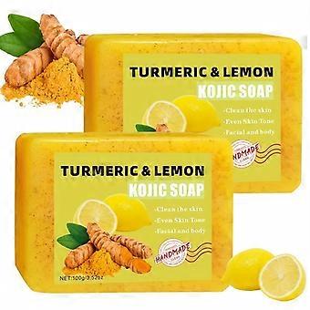 Frosted Turmeric Lemon Kojic Soap with Natural Granules, 2 Bars, Deep Cleansing Gentle Foaming for Face Hands and Body, Family Use
