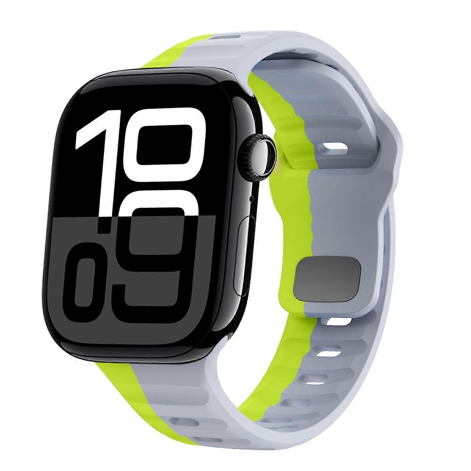 For Apple Watch Series 11 10 46mm / 9 8 7 45 / 6 SE 5 4 44mm Silicone Wave Texture Band Grey / Green