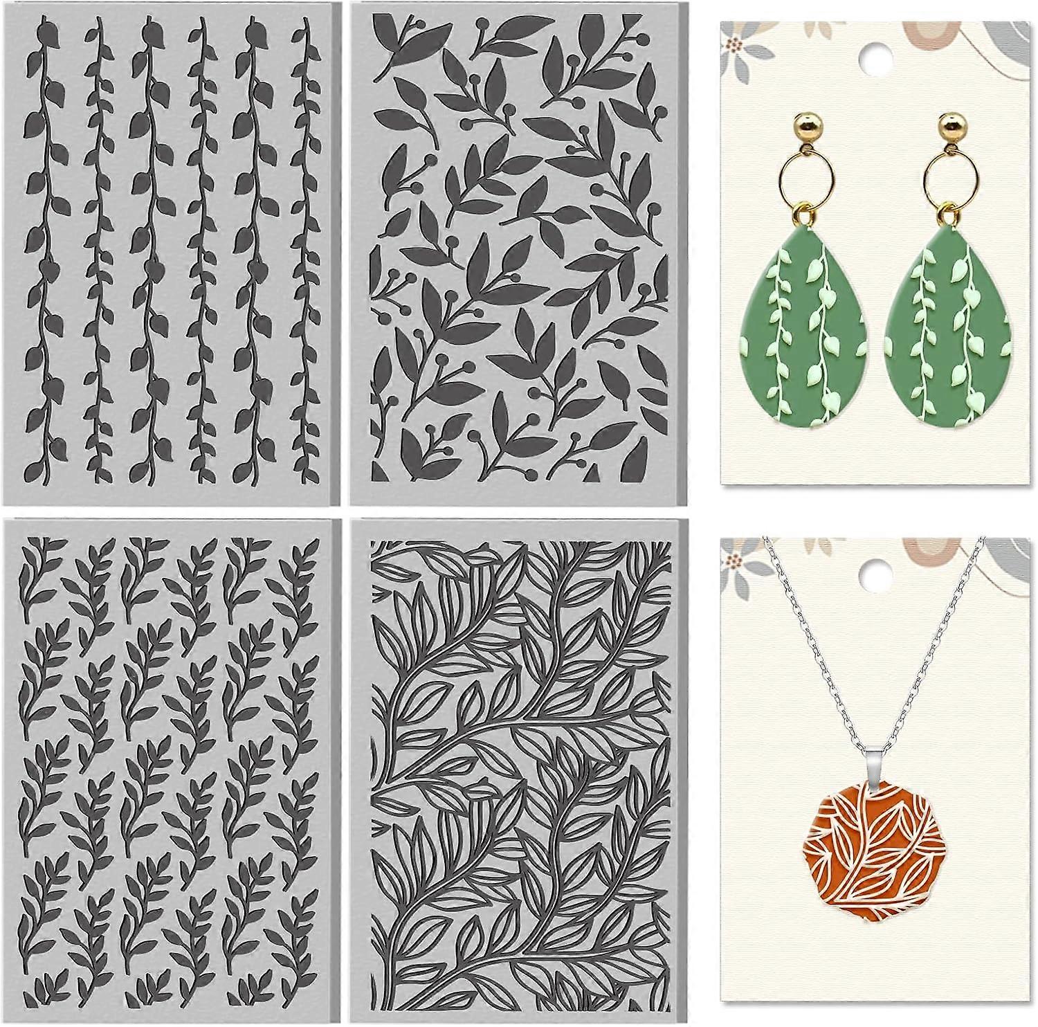 4 Sheets Leaves Pattern Polymer Clay Texture Sheet Plants Pattern Rubber Clay Texture Mat for Polymer Clay Making Earrings