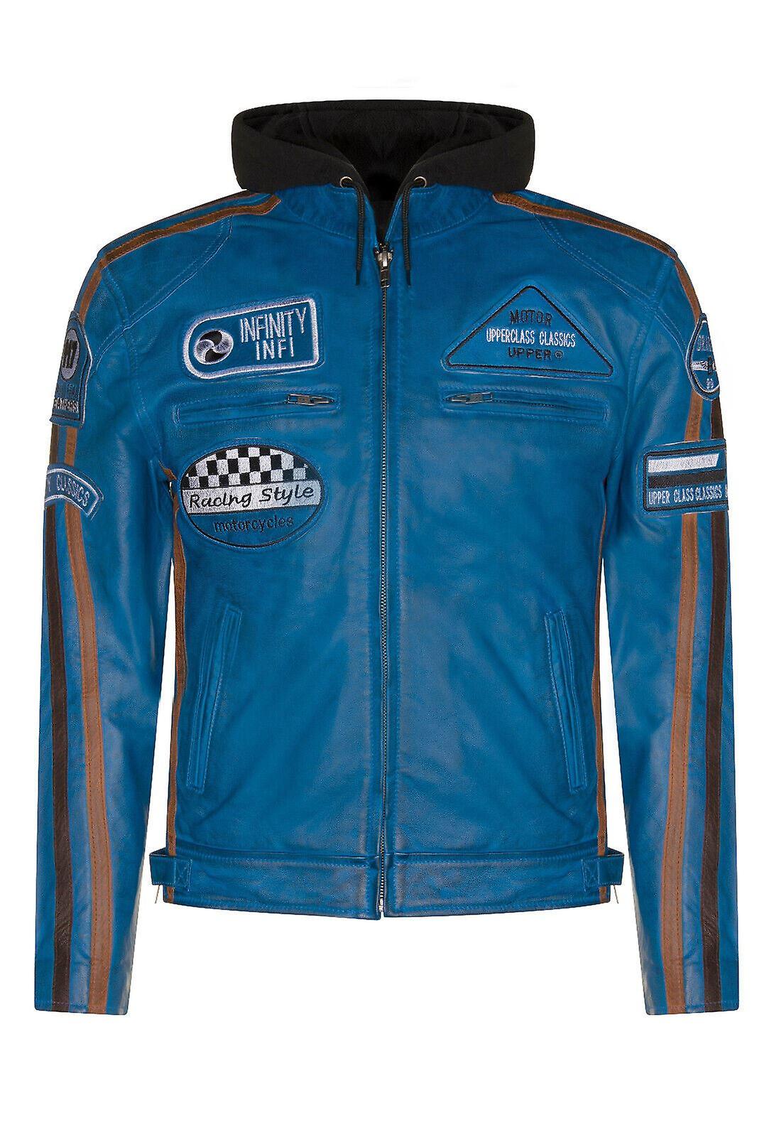 Veste de moto de course de capuche de motard en cuir bleu pour