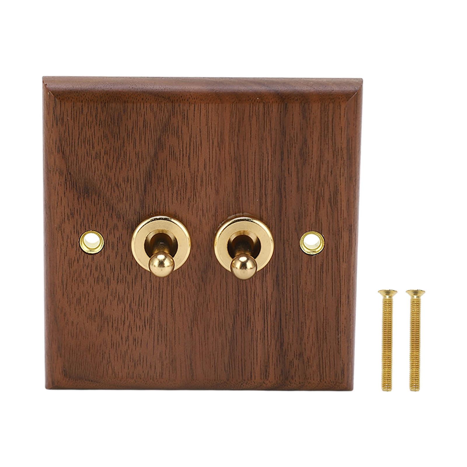 Risegun Double Toggle Switch Retro Walnut Wood Double Toggle Switch Panel with Brass Screw, 50Hz 250 V