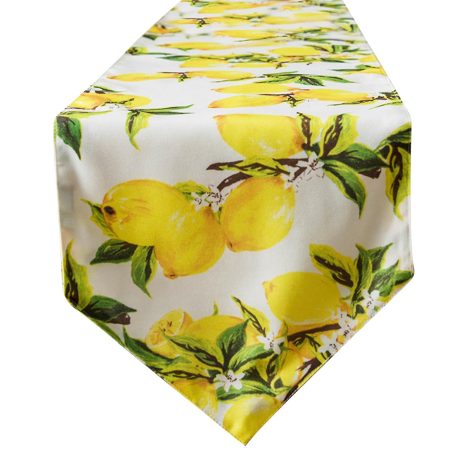 Table Runner For Dining Table, Hotel, Coffee Shop - Yellow Lemon Print On White Background, 30x180cm-hao