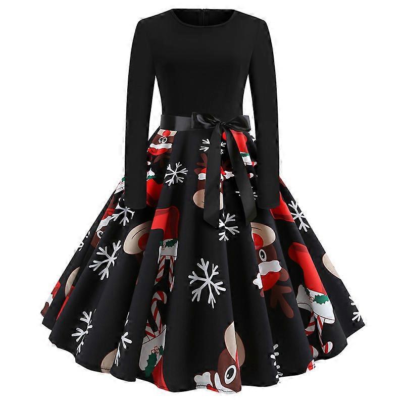 Damen Vintage Print Langarm O-Ausschnitt Weihnachtsabend Party Swing Kleid