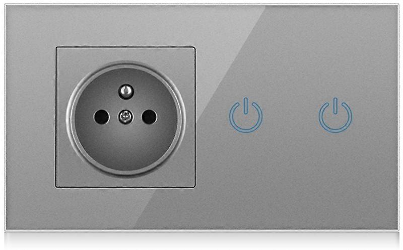 EU Smart 2-way Touch Light Switch +16A French Socket Outlet With Grey Crystal Glass Panel