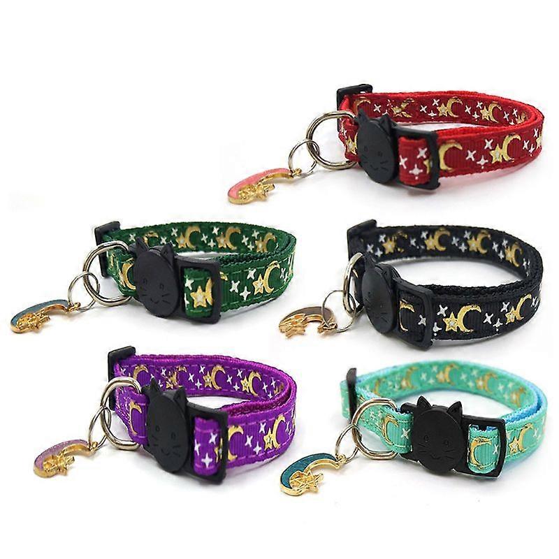 5 Pcs Star Moon Pattern Print Adjustable Cat Collars Breakaway with Bell Charm