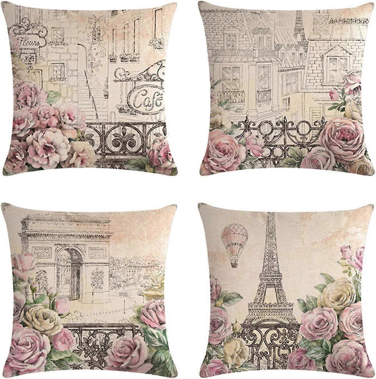 4 peças quadradas unilaterais impressas Torre Eiffel capa almofada (45 x 45 cm)