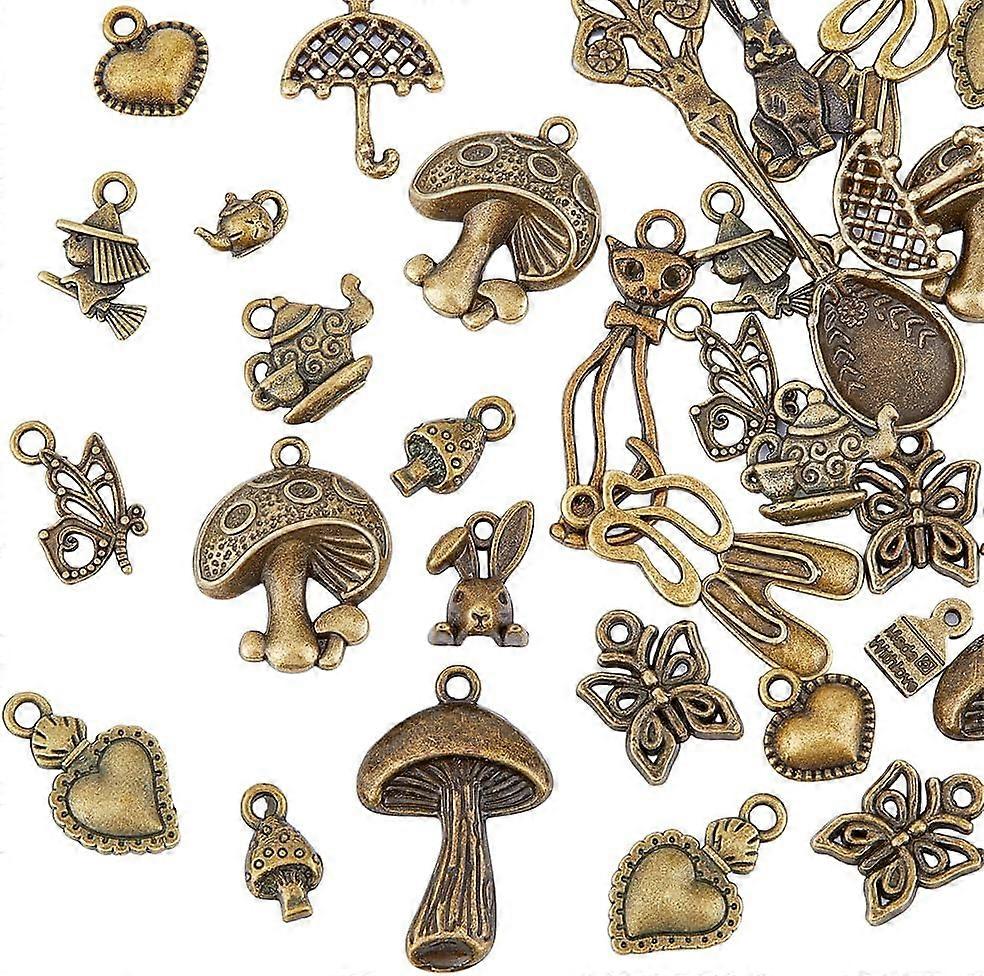 68Pcs 17 Styles Tibetan Style Alloy Charms Alice in Wonderland Fairy Pendant Mixed Metal Pendants Beads Rabbit/Mushroom/Umbrella Antique Bronze for DI