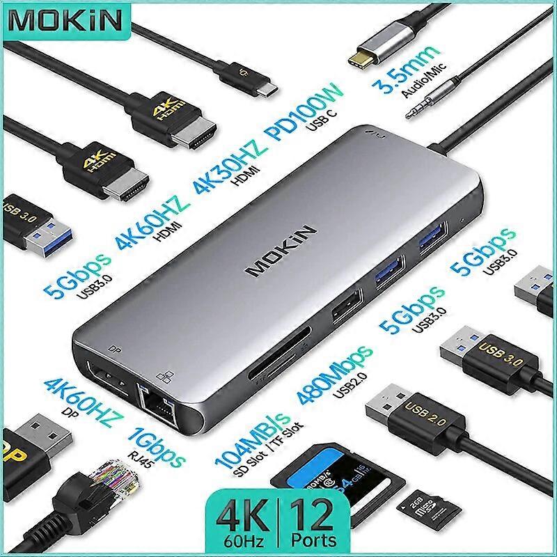 MOKiN 12in1 Docking Station USB2.0 USB3.0 HDMI 4K30Hz DP 4K60Hz PD 100W SD TF RJ45 1Gbps Audio for MacBook Air Pro