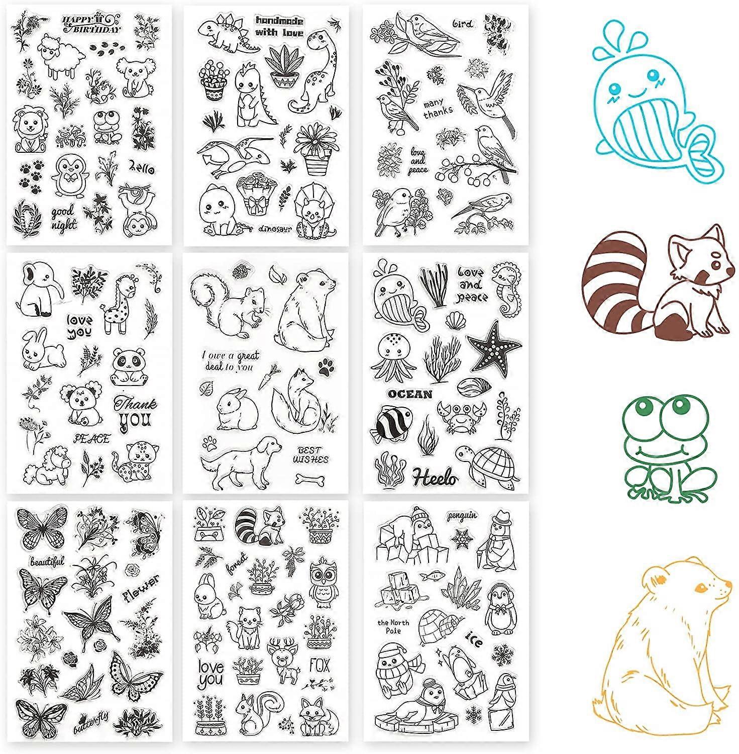 GLOBLELAND 9 Sheets Animal Theme Silicone Clear Stamps Seal for Card Making Decoration and DIY Scrapbooking(Ocean Life, Forest Animals, Butterfly Flow
