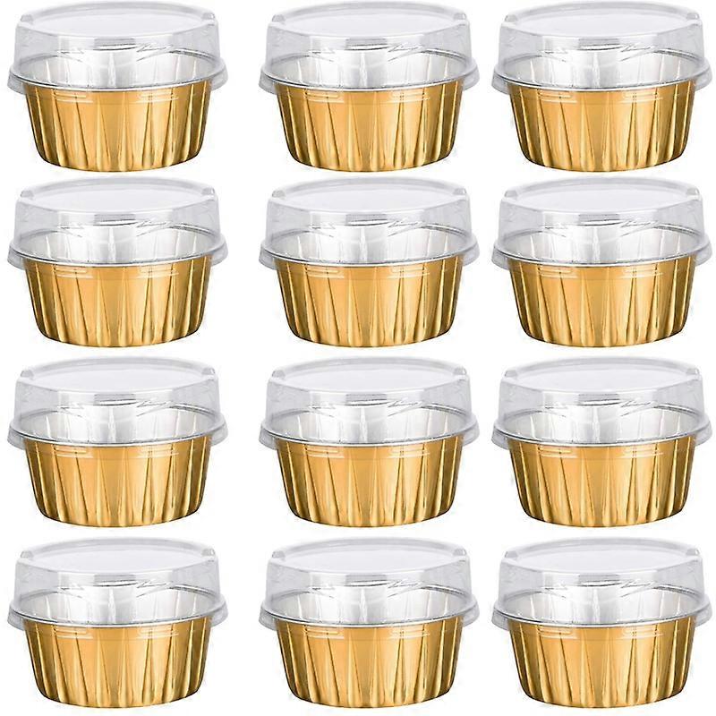 أكواب حلويات مع أغطية ، 50 عبوة من رقائق الألومنيوم الذهبية حاملات أكواب الخبز ، كب كيك بيك يوتيويتي راميكي