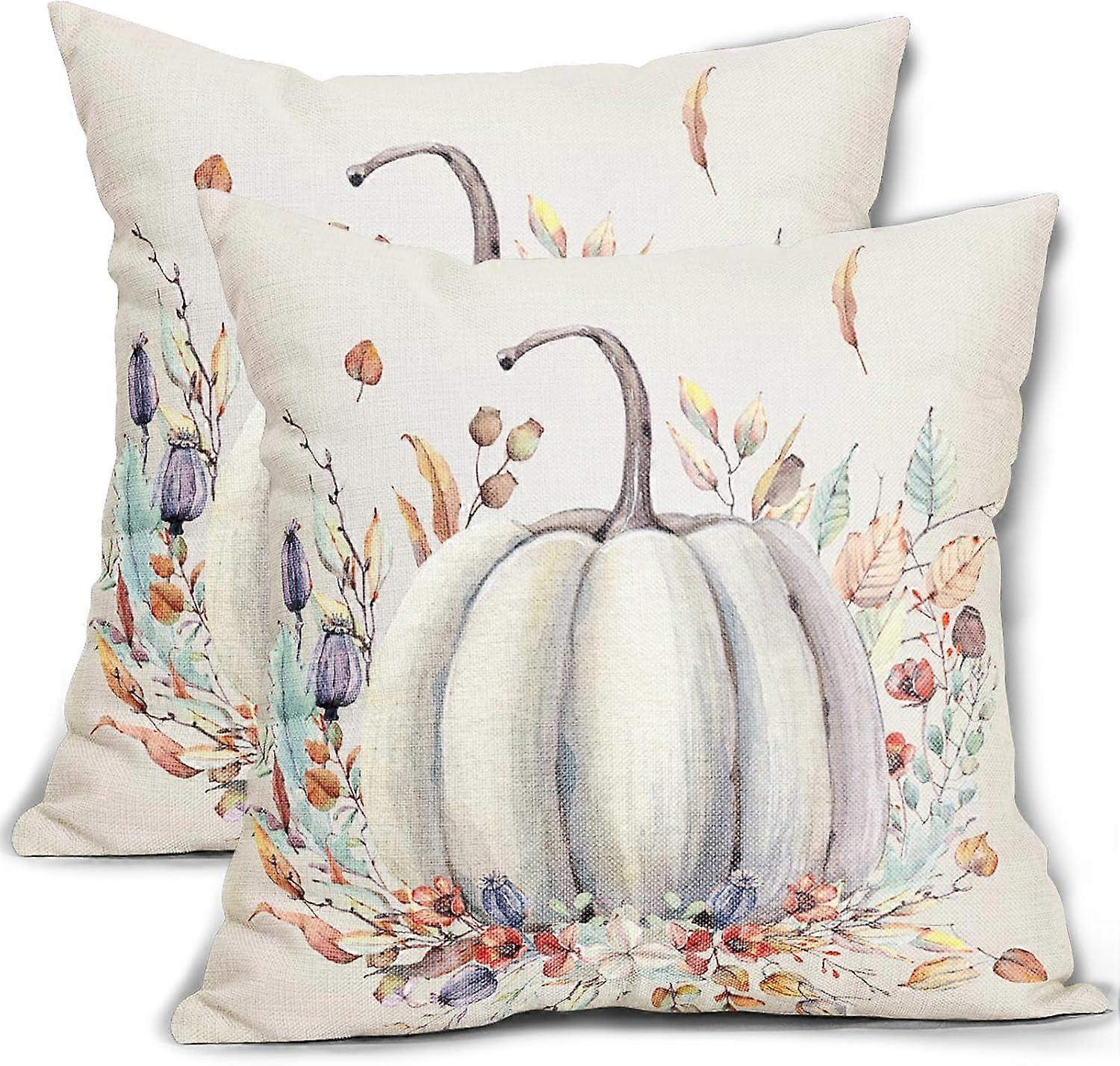 الخريف الأبيض وسادة اليقطين يغطي 16X16 بوصة أوراق زهرة أرجوانية أغطية وسائد زخرفية موسمية في الخريف عيد الشكر حصاد رمي الوسائد مجموعة من 2 ساعة