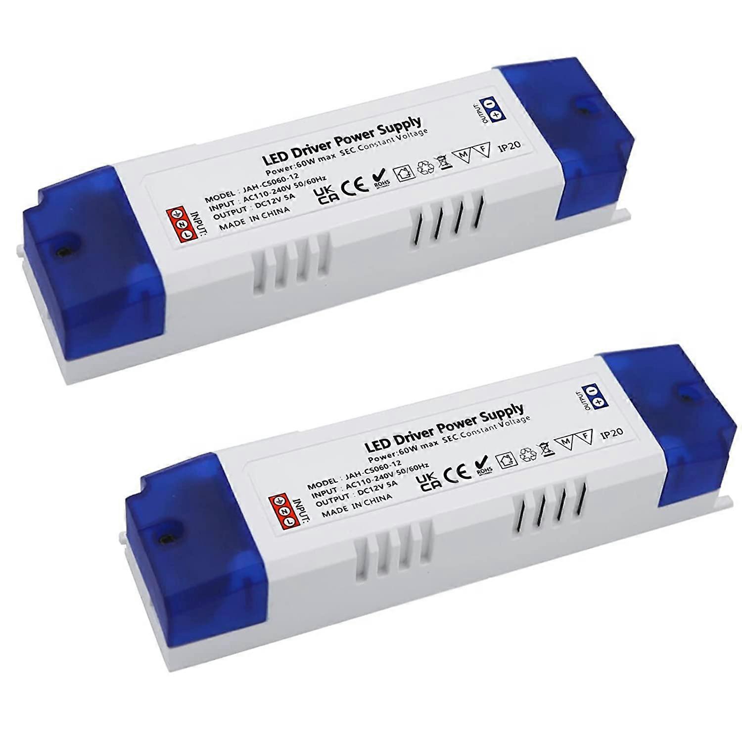 5A 60W LED Power Supply, 60W LED Transformer LED Driver DC 12V 5A, Universal AC DC Regulated Switching Power Supply 2pc