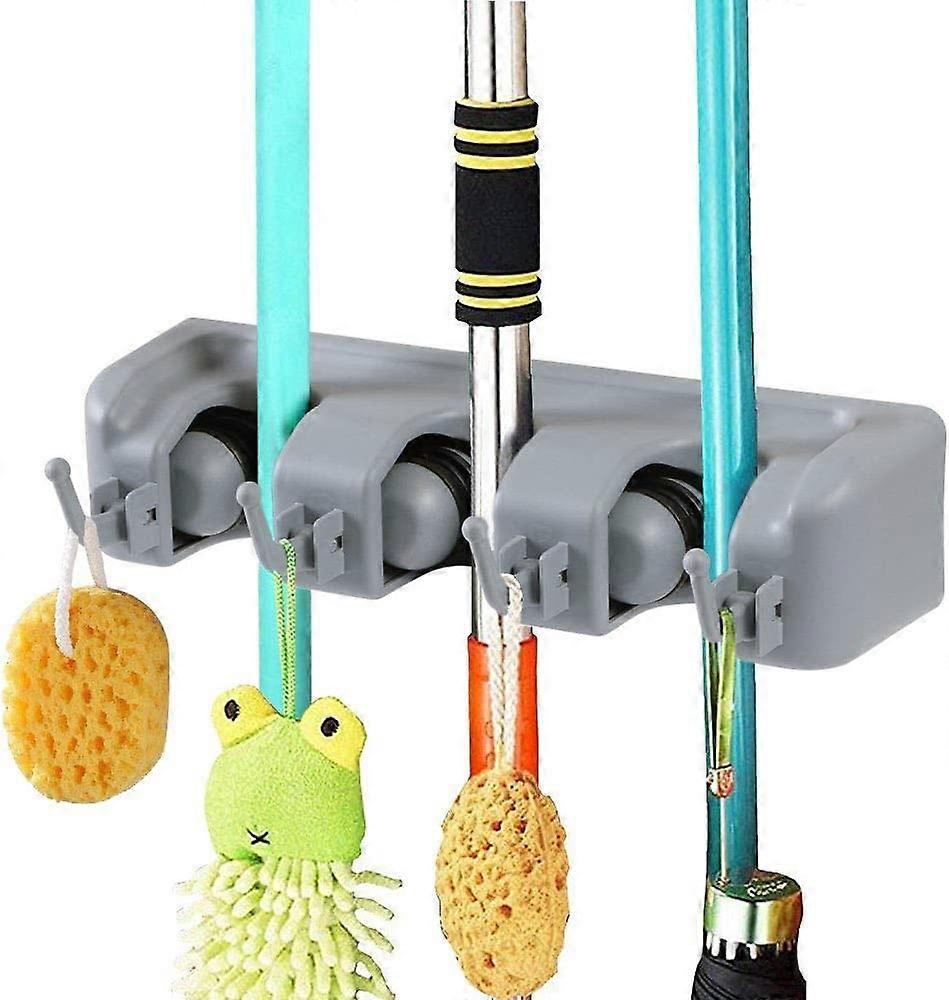 Broom Mop Rack Organiser 25.8*6*6cm, wall mounted organiser with 4 hooks in 3 positions, suitable for storing brush mops and broom tools.