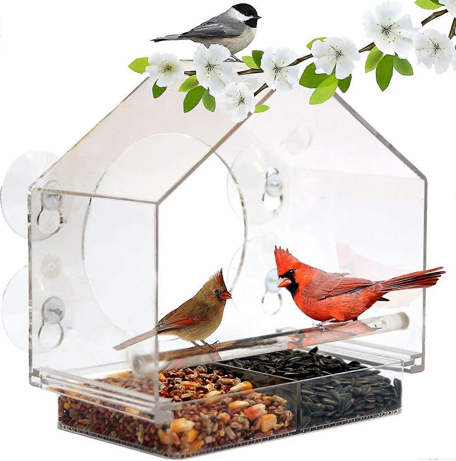 Window Bird House Feeder With Sliding Seed Holder And 4 Extra Strong Suction Cups. Large Bird Feeders For Outside. Birdhouse Shape.