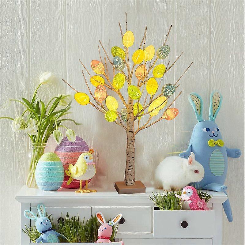 Easter Decoration Lighted Egg Tree with 24pcs Ornament White Adjustable Branch Battery Powered Artificial