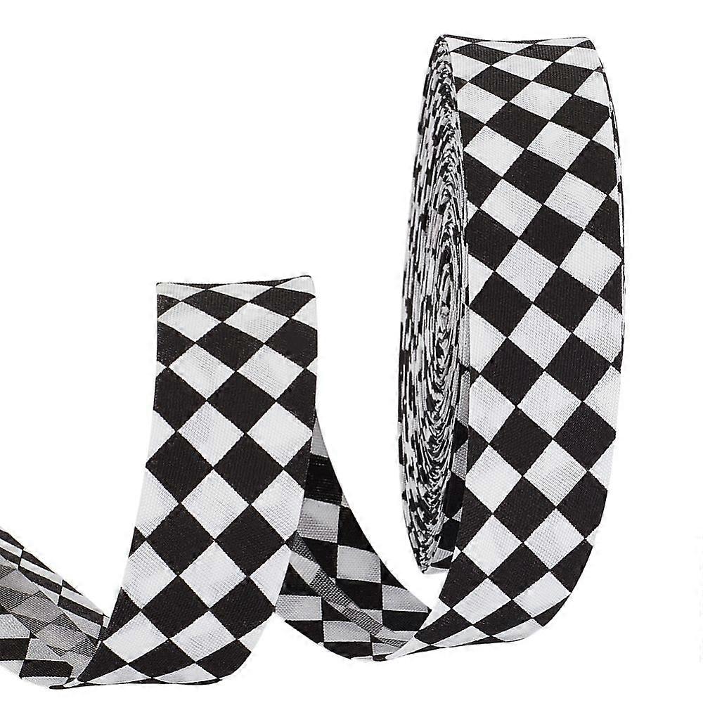 Tartan Printed Polyester Double Fold Bias Tape Clothes Accessories Flat White Black 26mm about 24.06 Yards(22m)/Roll