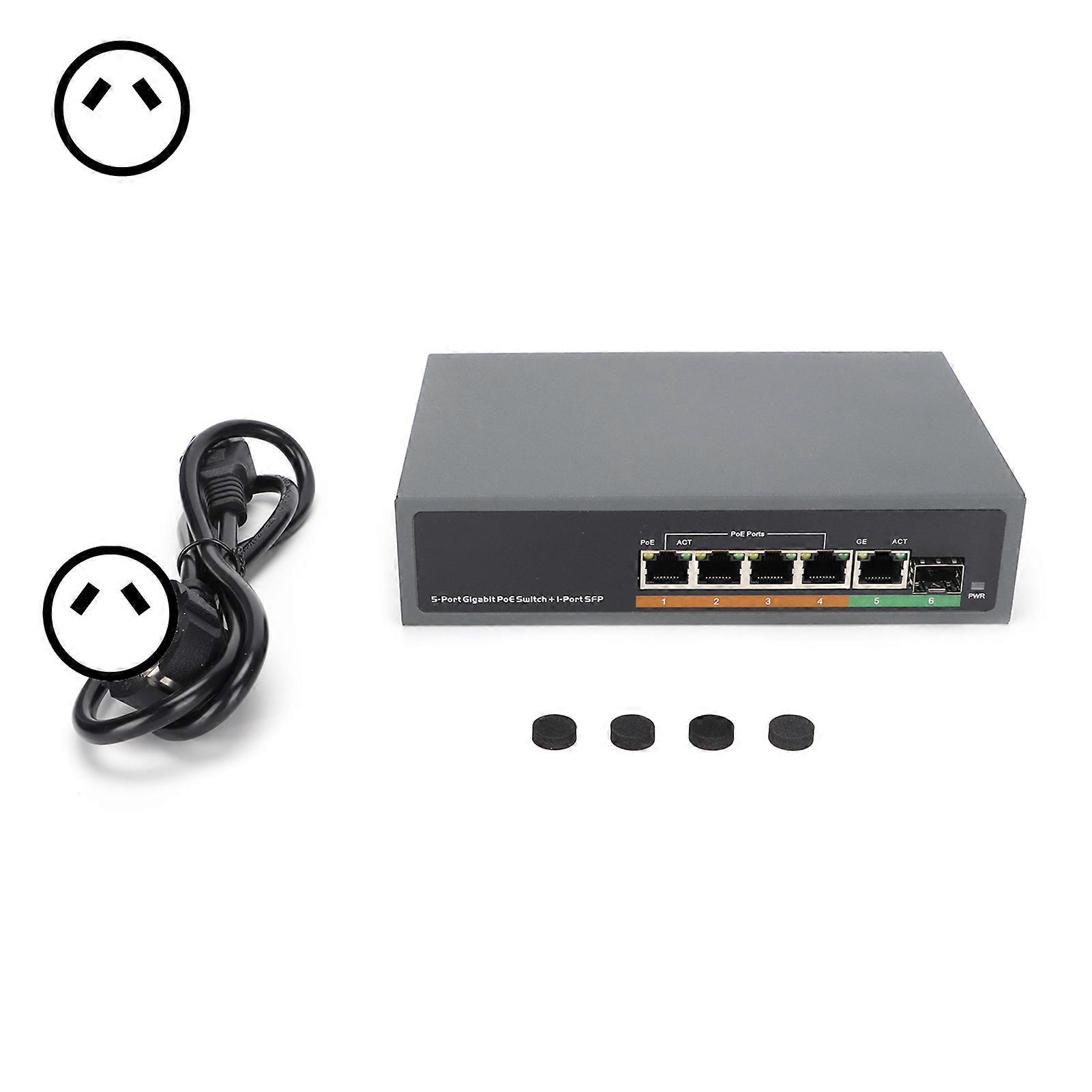 POE Switch 5 Port Full Gigabit SFP Optical Fiber Interface IEEE802.3af/at 65W Network Device 100‑240VAU Plug