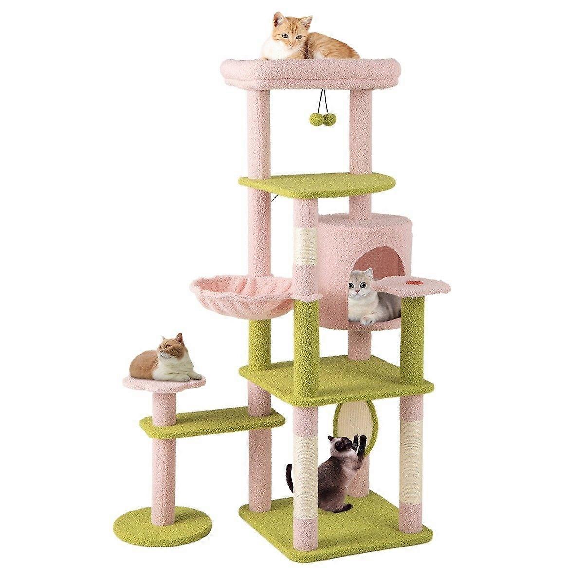 Floral scratching post & plush padded platform & cat house cat tree