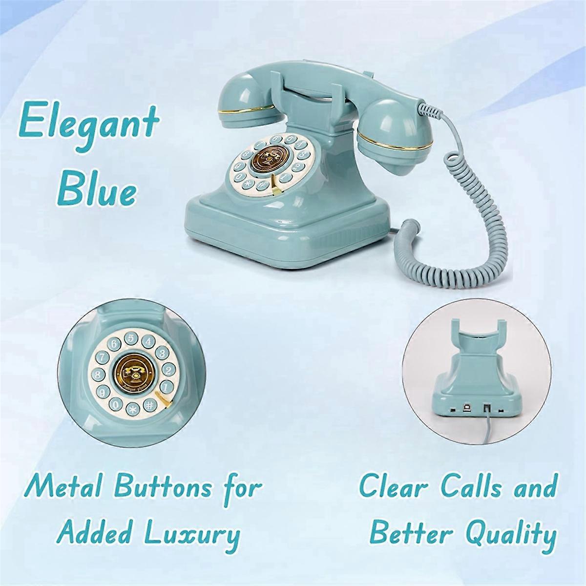 Retro Style Wired Dial Telephone Plug-in Home Fixed Landline Blue