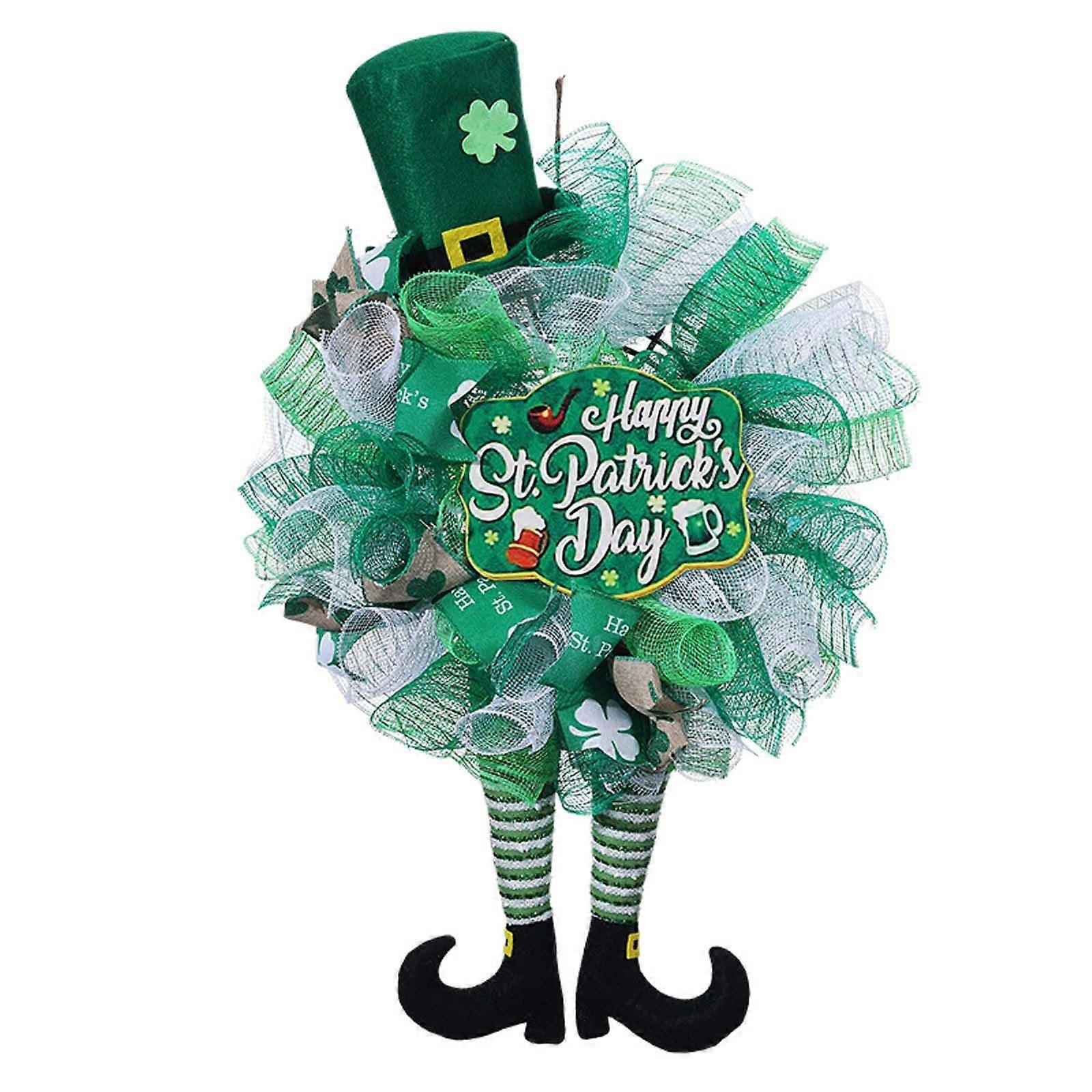 Happy St Patrick's Day Wreath for Front Door Leprechaun Green Mesh Wreath with Plush Shamrock Top Hat