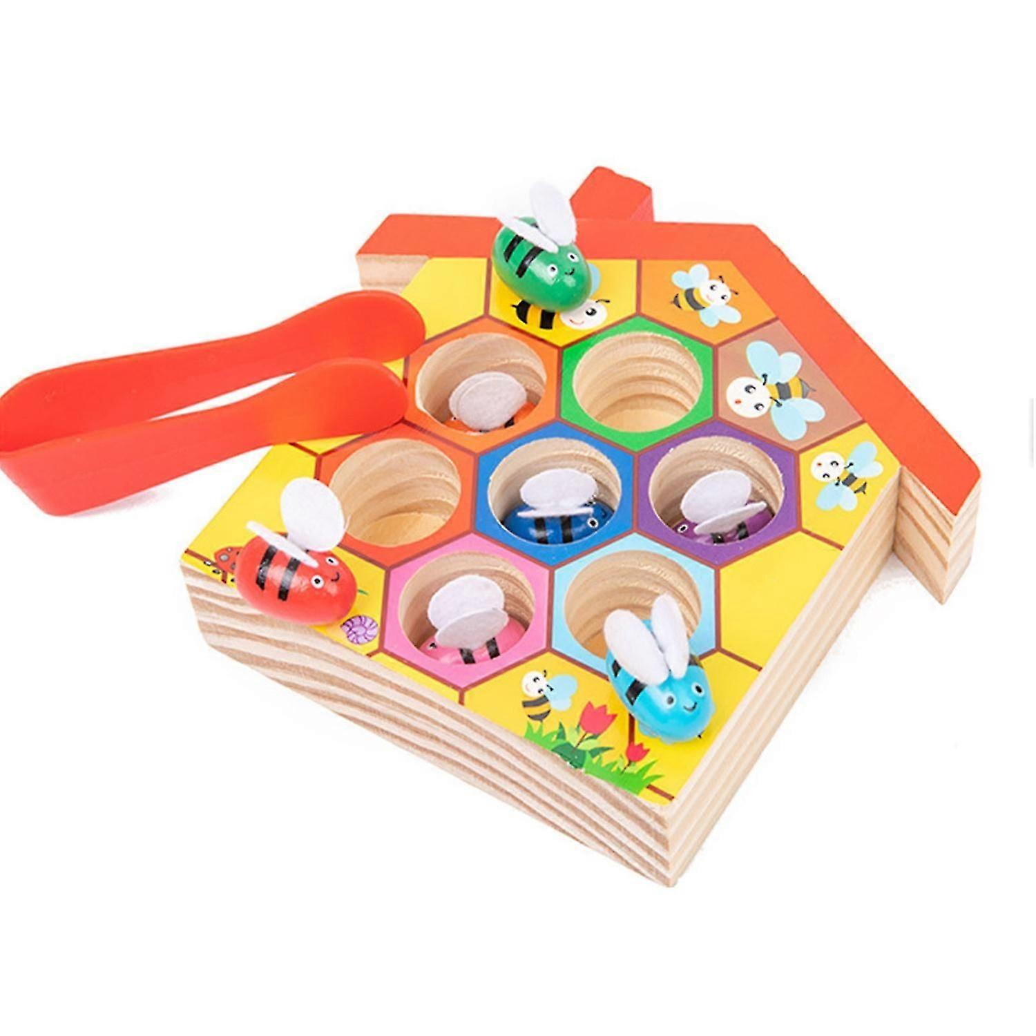 Children Toy Cartoon Wooden Honeycomb With Tweezer Different Color Bees Color Matching Cognition