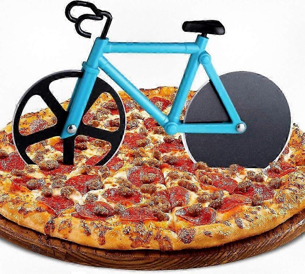 Premium Dual Stainless Steel Pizza Slicer - Razor-Sharp Non-Stick Blades with Stand, Blue.