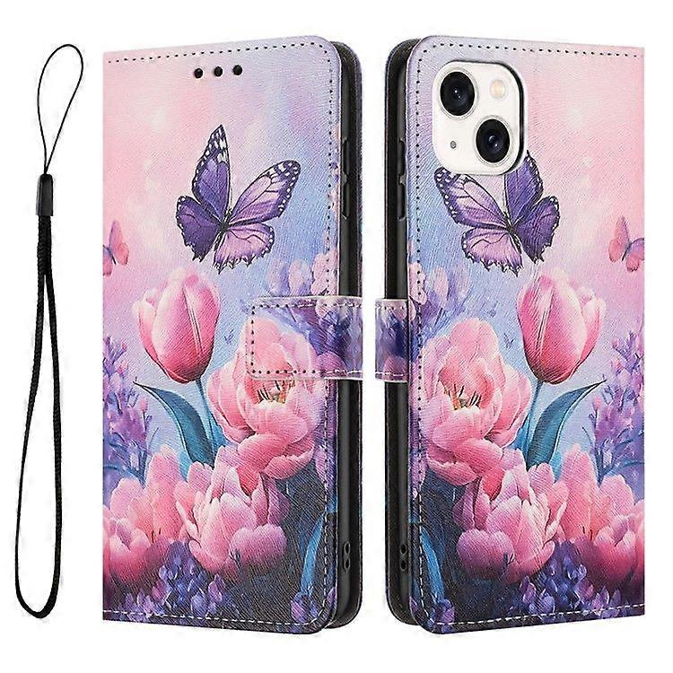 For iPhone 15 Stand Case Pattern Printing PU Leather Wallet Phone Cover with Lanyard