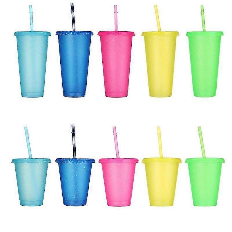 Lebanghui 5pcs Reusable Flash Powder Water Cup With Straws Lid 480/700ml Outdoor Straw Cup Water Bottle