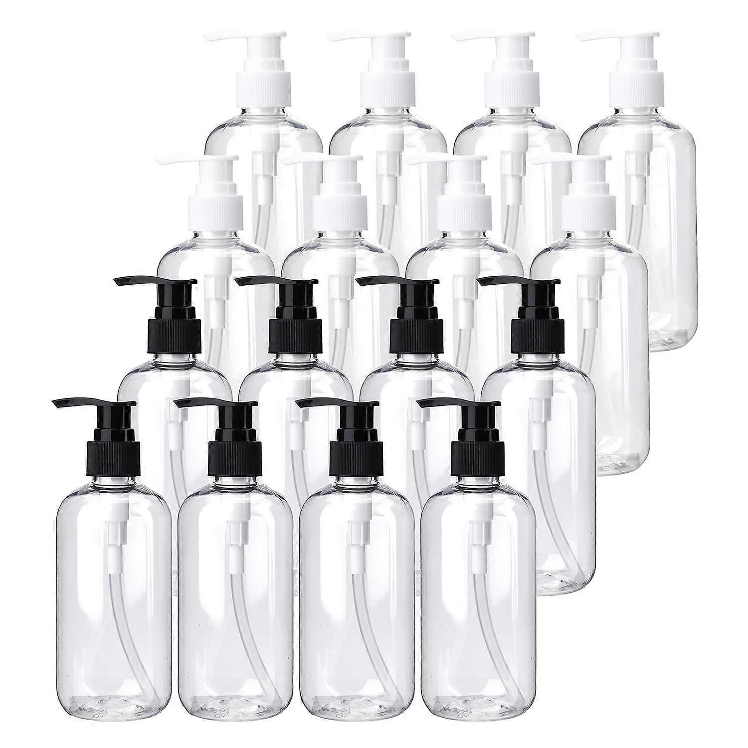 16 Pack Empty Lotion Bottles with Black and White Pumps, 8oz Clear Plastic Round Bottles Containers for Creams, Hand Soap, Body Wash
