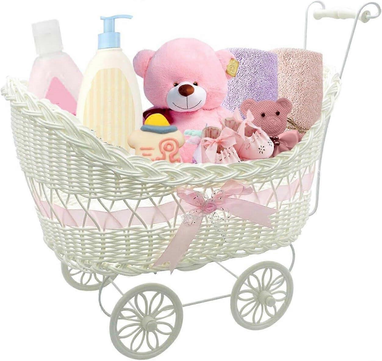سلة أطفال من الروطان بمقبض وعجلات ، هدية مثالية لاستحمام المولود الجديد أو حديثي الولادة (وردي) وردي