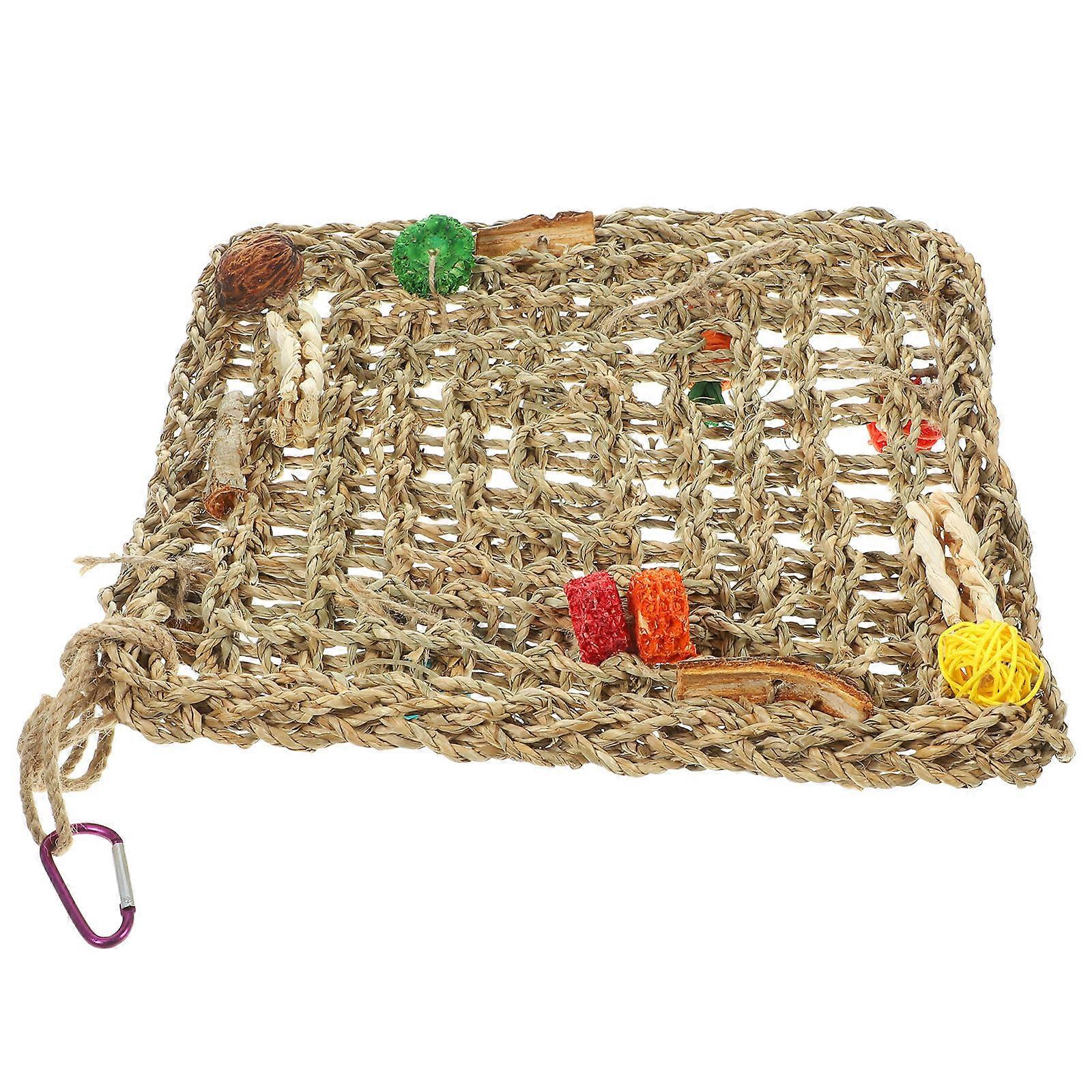 Bird Feeding Toy Parrot Perch Swing Parakeet Hanging Net Hammock Bird Resting Playing Climbing 30x30cm Natural Seagrass 1Set