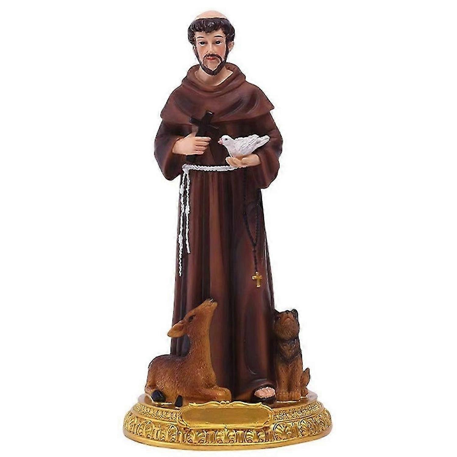 St Francis Statue Hand Painted Resin Statue Figurine with Doves Crosss Desktop Sculpture Ornament Ch