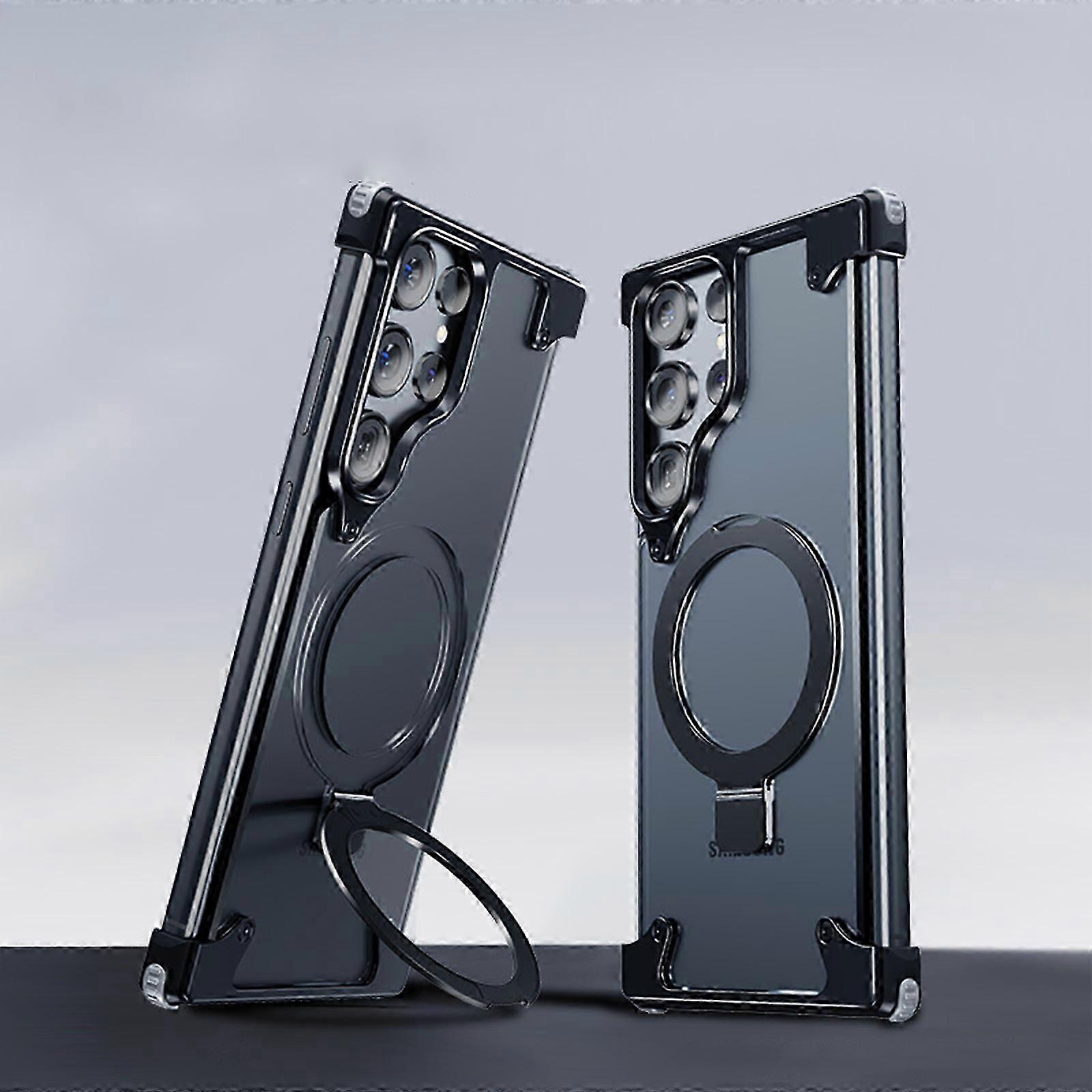 Frameless for Samsung Galaxy S24 Case with Invisible Magsafe Kickstand, Bezel Less Metal Slim Hard Shockproof Case with Ring Holder