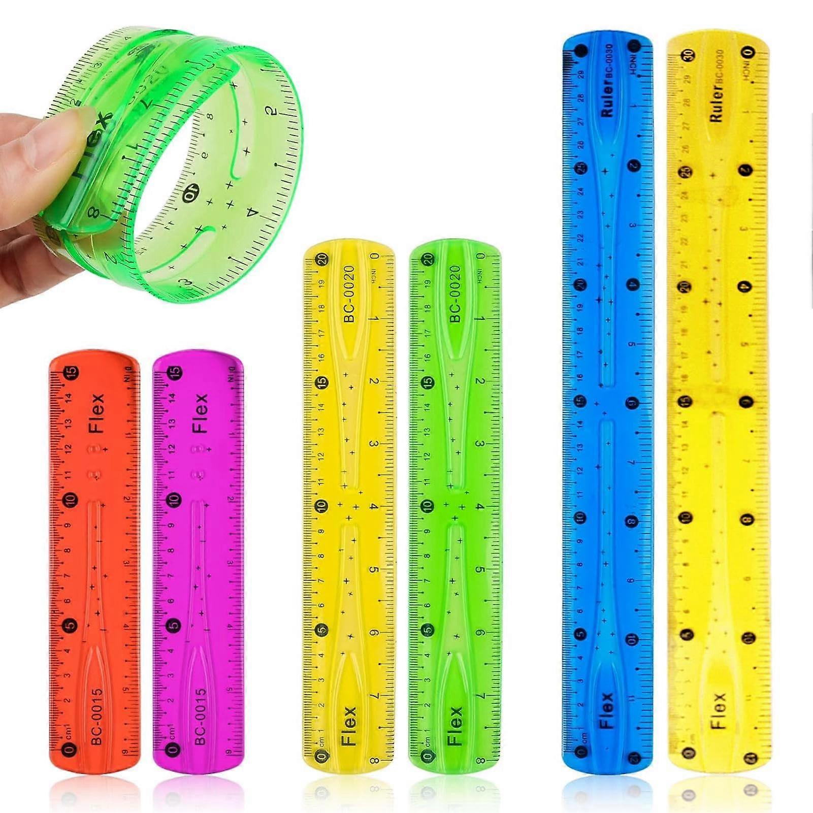 Flexible Ruler Set, 30 cm Ruler, 20 cm Ruler, 15 cm Ruler for Primary School, 6Piece Colorful Soft Ruler