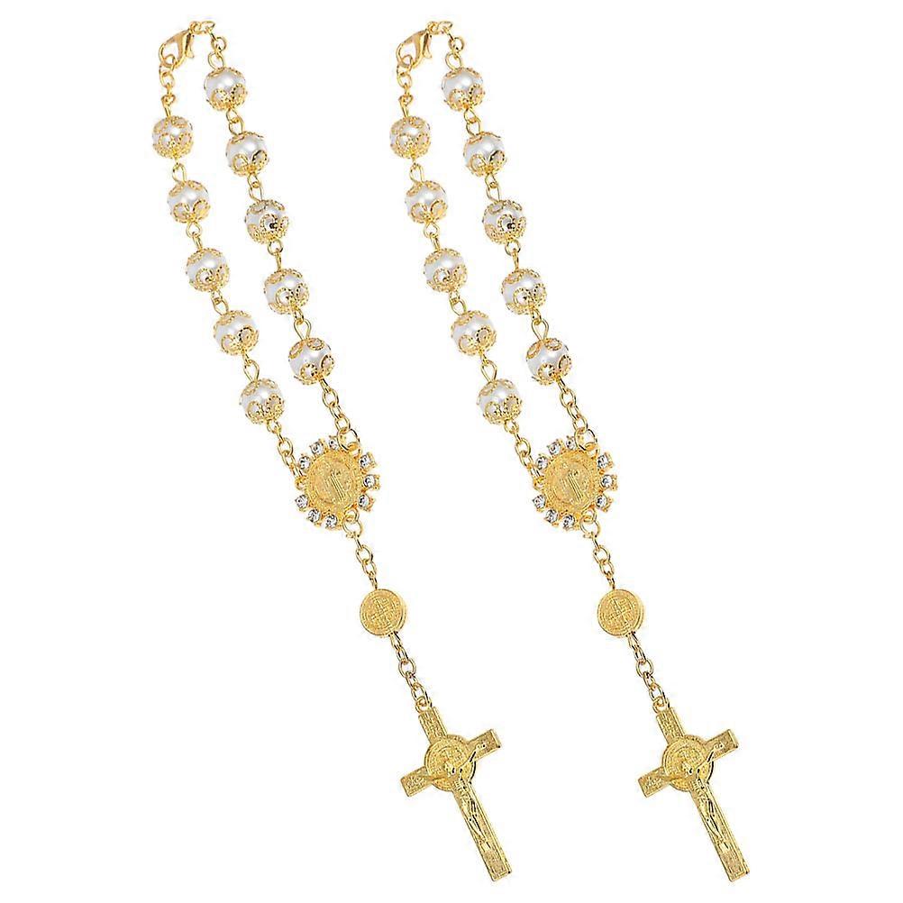 Golden Car Dashboard Mirror Hanging Ornament with Beaded Design for Decoration 2pcs