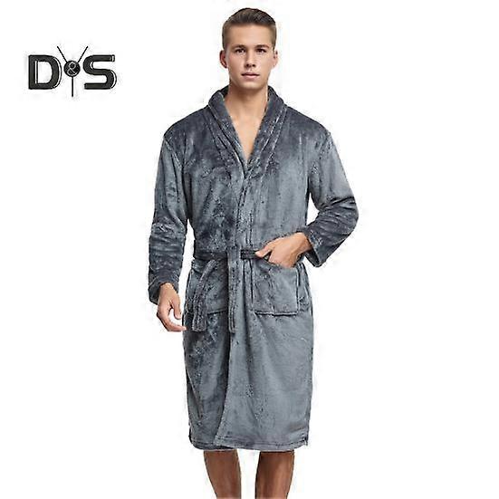 Flannel Nightgown with Pockets Long Sleeve Lace-up Open Front Knee-Length Bathrobe Men Lounge Sleepwear