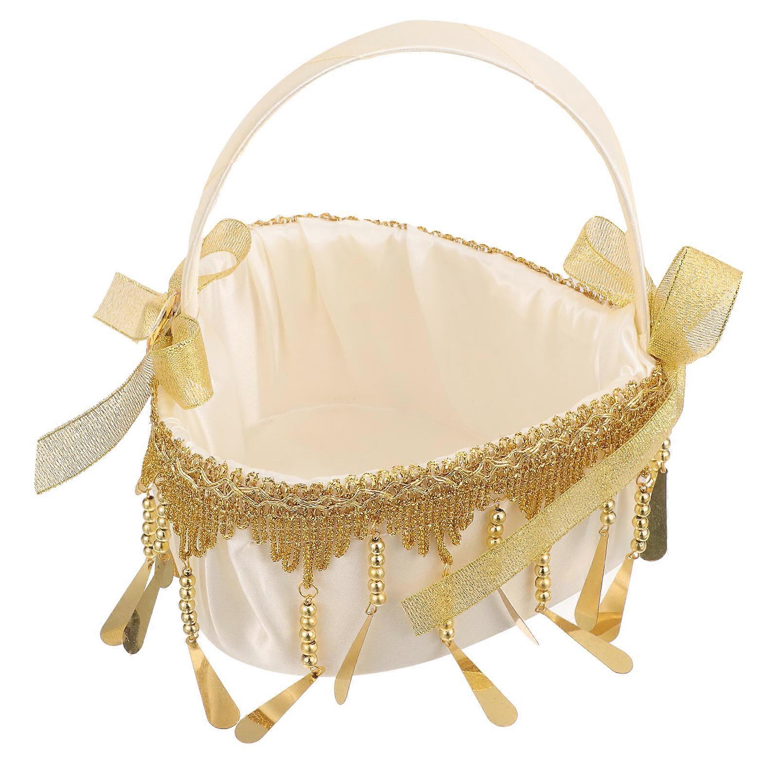 Rustic Golden Flower Girl Basket with Handle for Wedding Ceremonies Meticulously Crafted Rattan Cloth 10 Inches