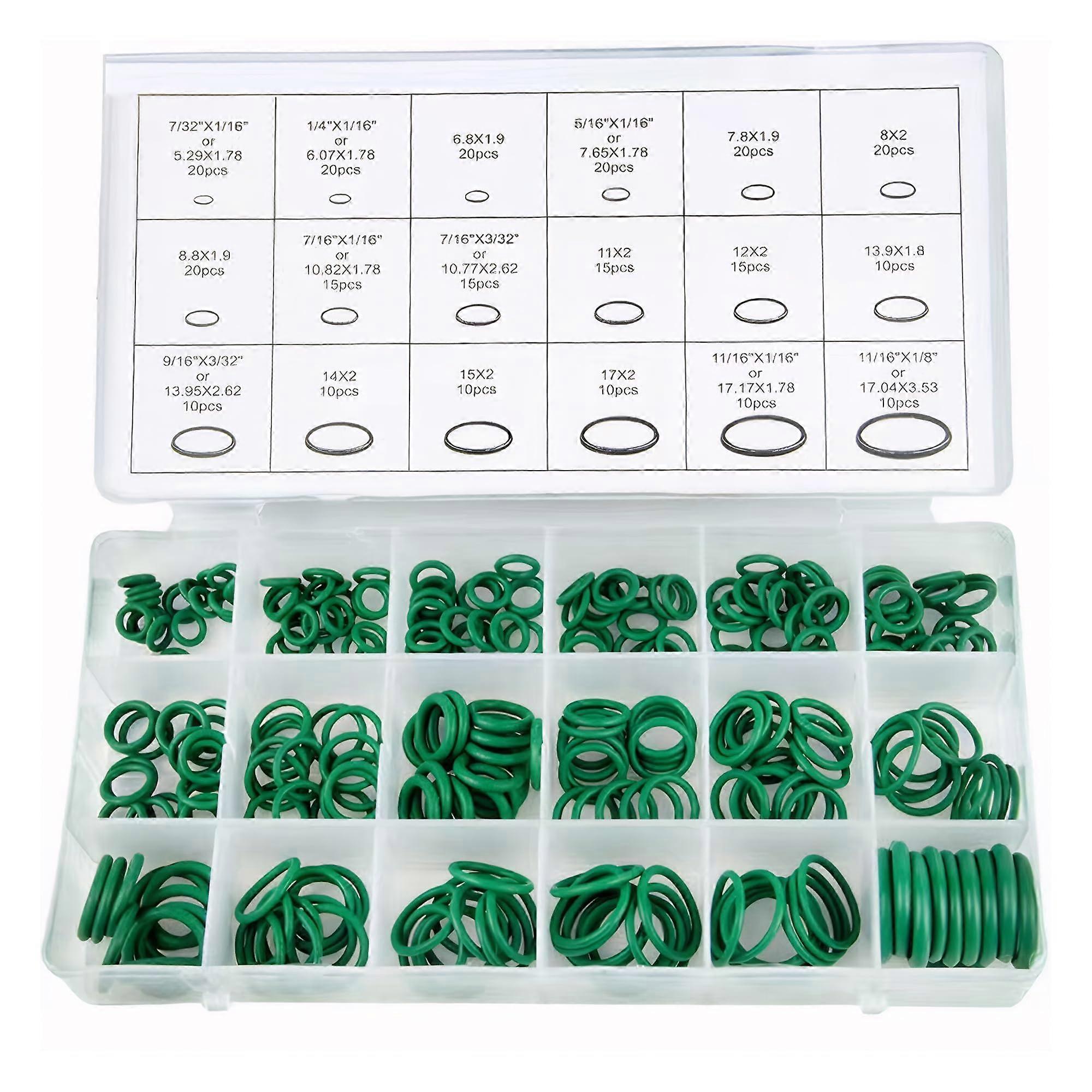 270 Green Nitrile Rubber O-Ring Gasket Set, 18 Sizes, Temperature Resistant for HVAC and General Use, Resealable Plastic Box Included