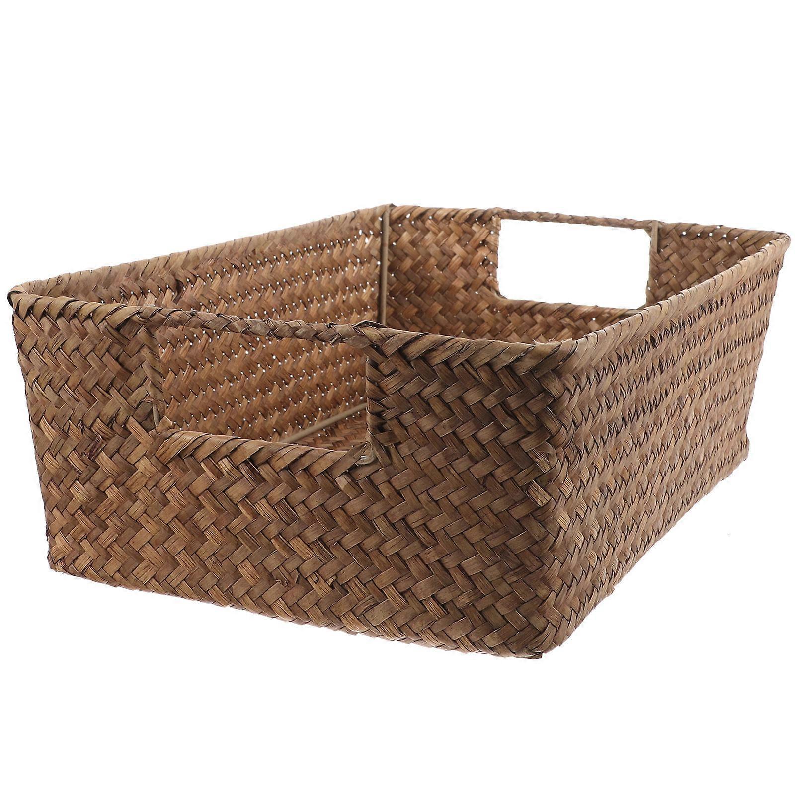 Coffee Woven Storage Basket for Shelves Handmade Straw Portable Rectangle Design 12x8x6 Inches